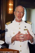 ID 3768 QUEEN MARY 2 (2003/148528grt/IMO 9241061) - Captain Christopher Rynd addresses the NZ media during an official press briefing held during QM2's stop-over in Auckland, NZ during her maiden world...
